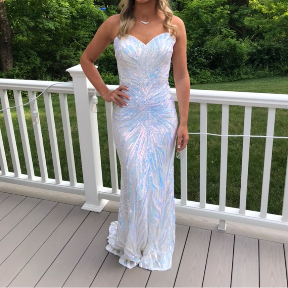 Jovani White Iridescent Sequin Strapless Mermaid Prom Dress